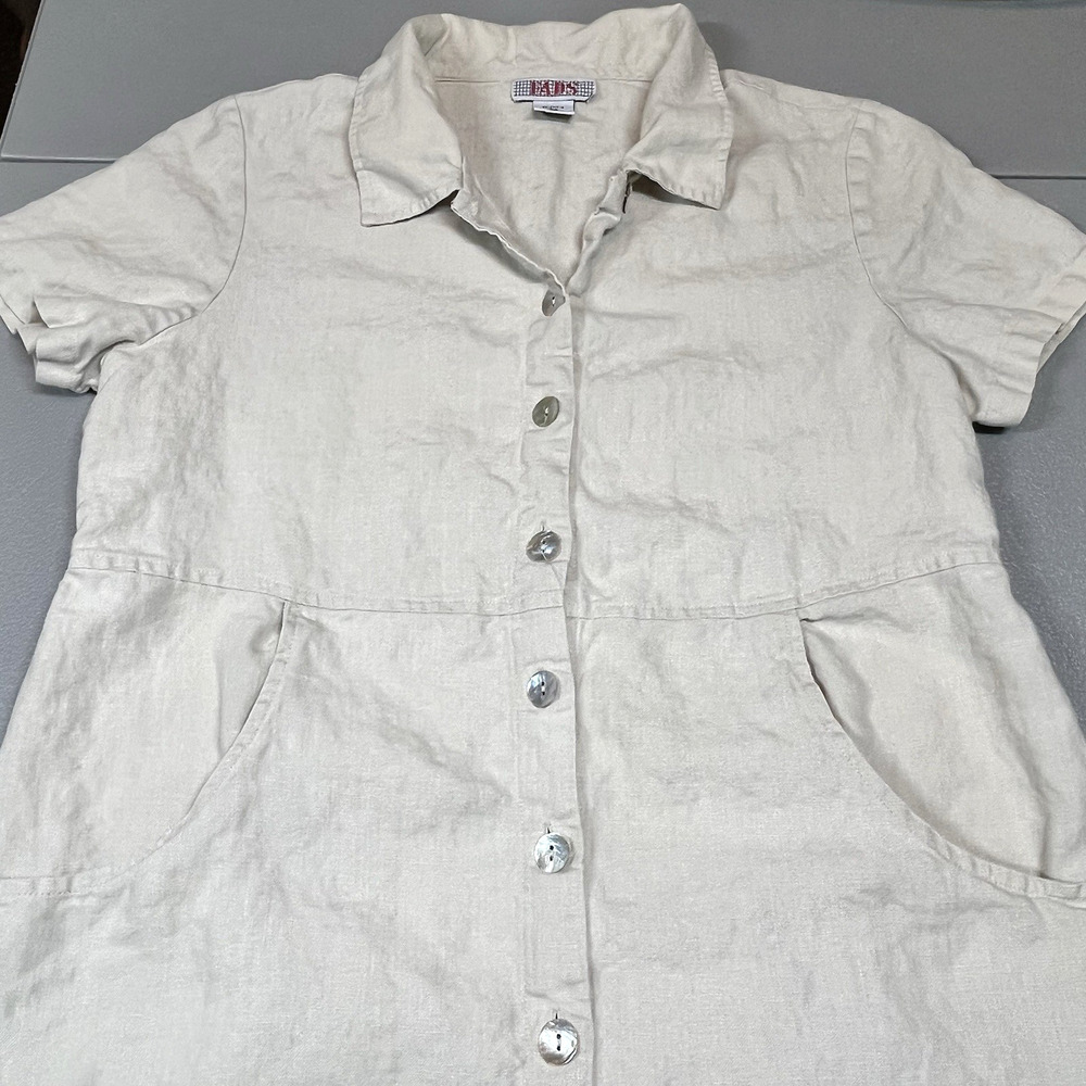 Vintage Fads Full Button Down Dress 100% Linen Minimalist Collared Size 12P READ